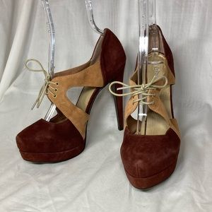 Levity Brown and Cream Lace-up Platform Heels, size 8
